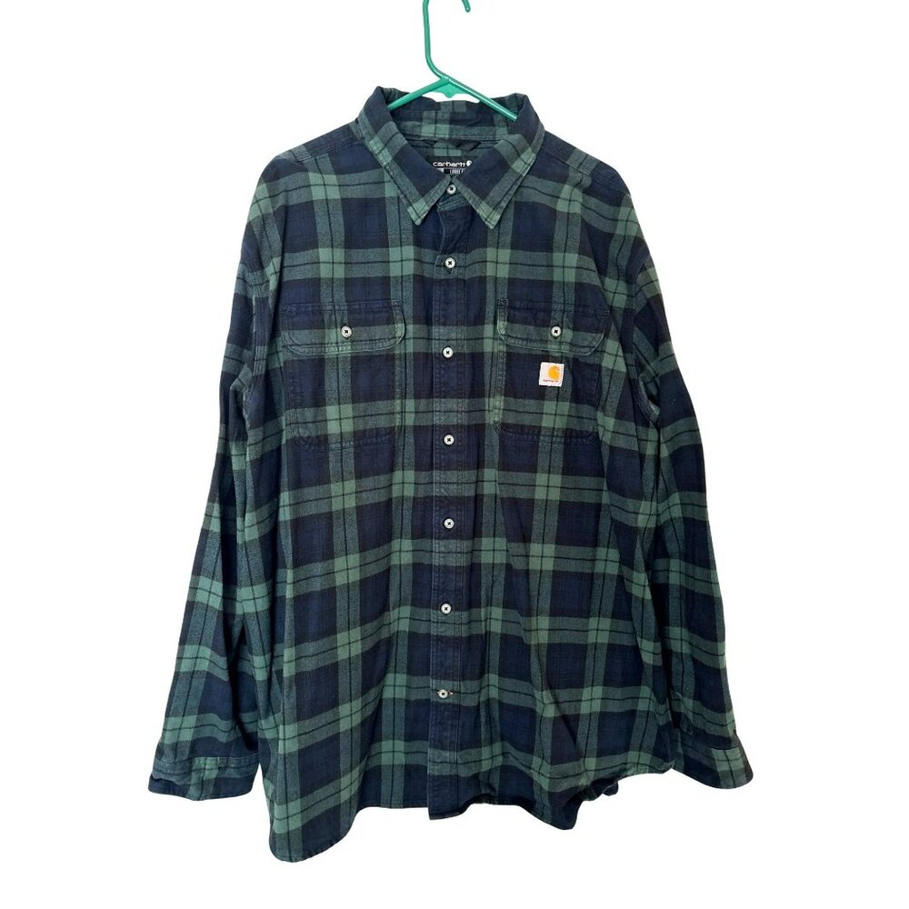 Carhartt Loose Fit Heavyweight Men's Plaid Flannel Cotton Green/Navy Long Sleeve
